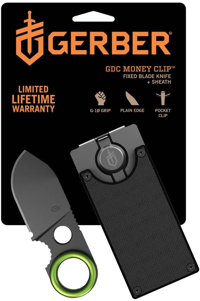 Gerber Gear GDC Money Clip with Small Pocket Knife, Stainless Steel Fixed Blade Knife and Case, Gifts for Men, EDC Gear for Camping and Hiking