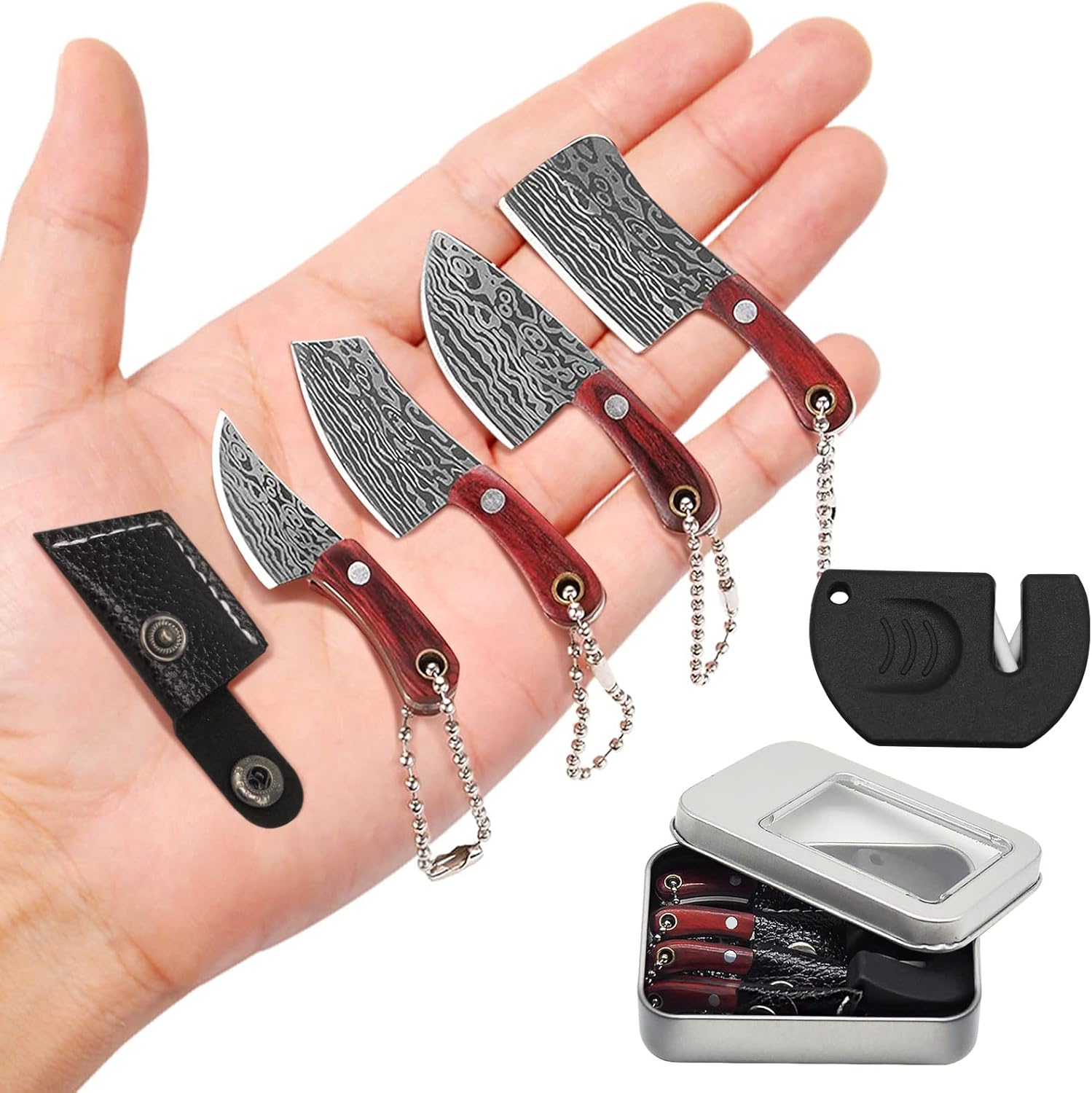 Mini Knife Set, Damascus Pocket Knife Set with Sharpener, Mini Chef Knife EDC Knives Set, Tiny knife Cleaver Keychain Tiny Things for Package Opener, Box Cutter, Letter Opener - Set of 5