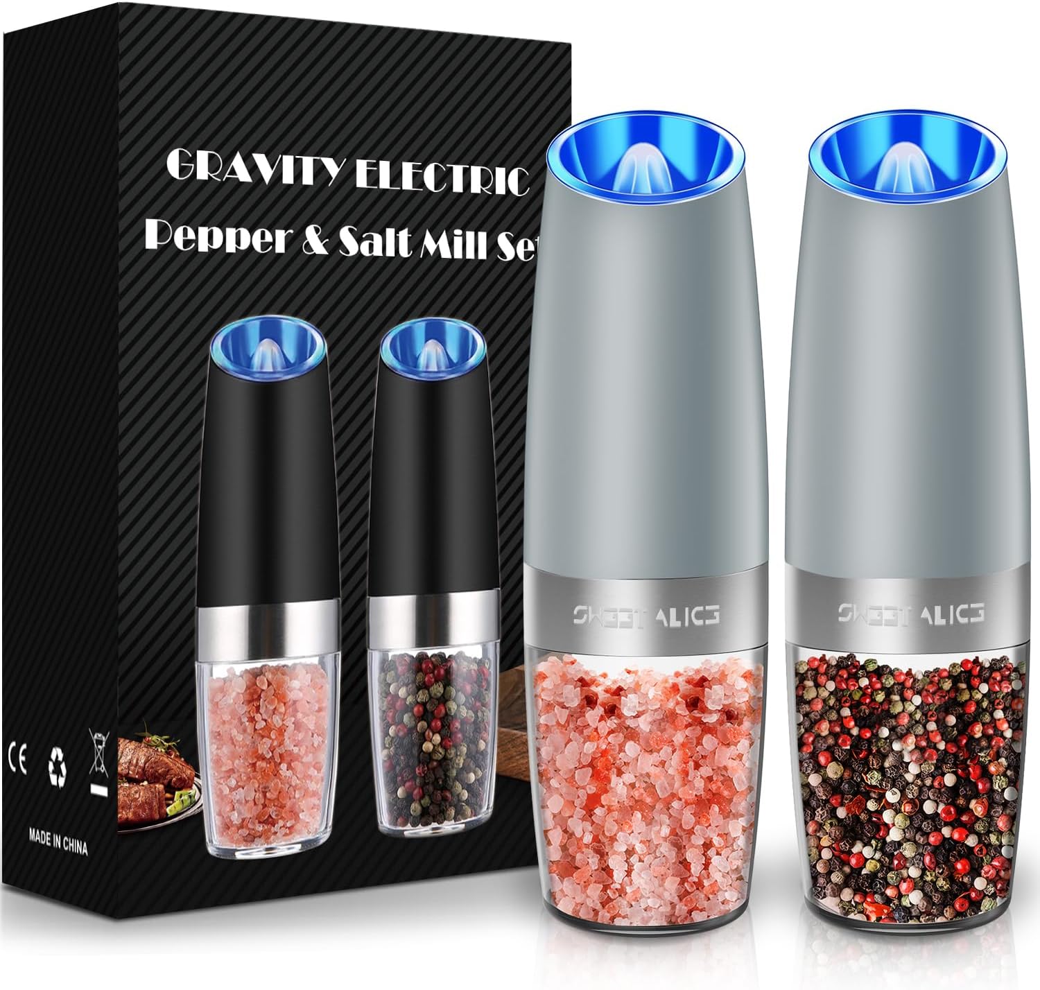 Sweet Alice Gravity Electric Pepper and Salt Grinder Set, Adjustable Coarseness, Battery Powered with LED Light, One Hand Automatic Operation, Light Grey, 2 Pack