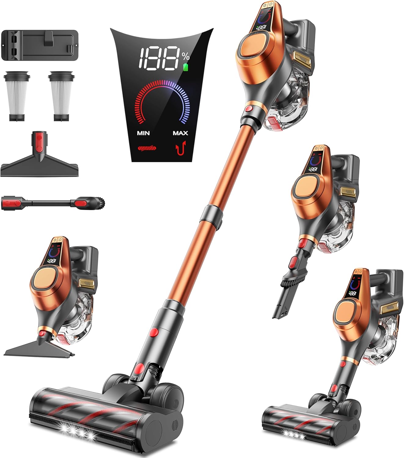 Cordless Vacuum Cleaner, 550W/45Kpa Vacuum Cleaners for Home with LED Screen, Max 60 Mins Runtime, Noise Reduction Tech, Anti-Tangle Stick Vacuum for Pet Hair Carpet and Hardfloor