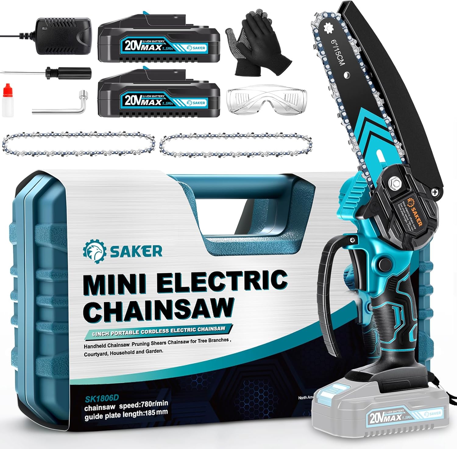 Saker Mini Chainsaw,6 Inch Portable Electric Chainsaw Cordless, Small Handheld Chain saw for Tree Branches,Courtyard, Household and Garden,By 2PCS 20V 1500mAh Batteries,Extra 3 PCS Chain